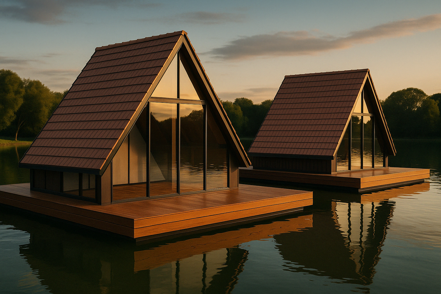 Cabanas flutuantes ao pôr do sol